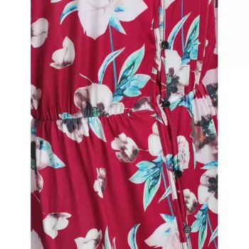 Floral Print Button Up axi Dress - Red