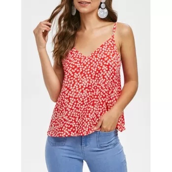 Floral Print Casual Tie Straps Top - Red