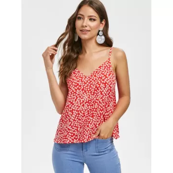 Floral Print Casual Tie Straps Top - Red