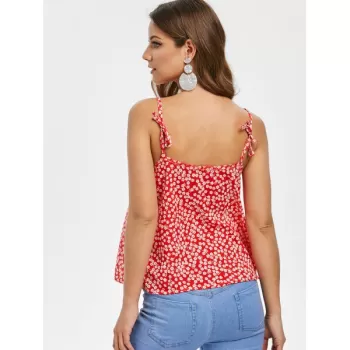 Floral Print Casual Tie Straps Top - Red