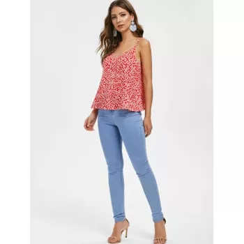 Floral Print Casual Tie Straps Top - Red