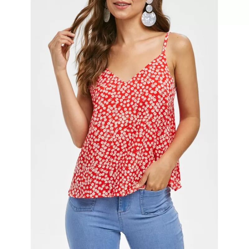 Floral Print Casual Tie Straps Top - Red