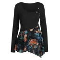 Floral Print Chiffon Panel Overlap Asymmetric Tee - Black
