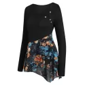 Floral Print Chiffon Panel Overlap Asymmetric Tee - Black
