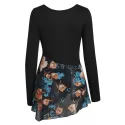 Floral Print Chiffon Panel Overlap Asymmetric Tee - Black