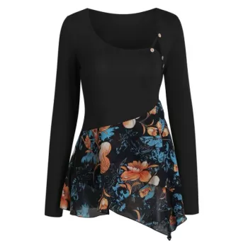 Floral Print Chiffon Panel Overlap Asymmetric Tee - Black