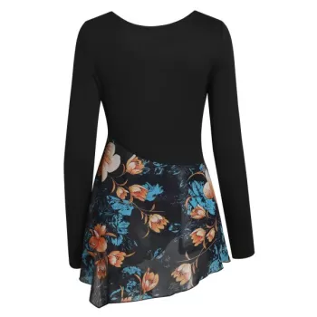 Floral Print Chiffon Panel Overlap Asymmetric Tee - Black