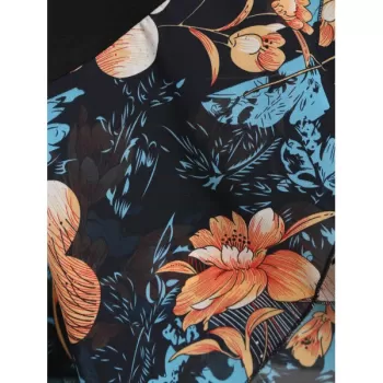 Floral Print Chiffon Panel Overlap Asymmetric Tee - Black