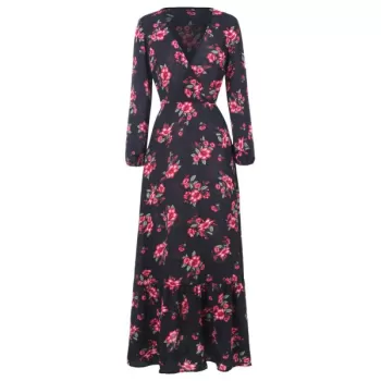 Floral Print High Waist Floor ength Dress - Black