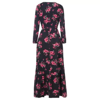 Floral Print High Waist Floor ength Dress - Black