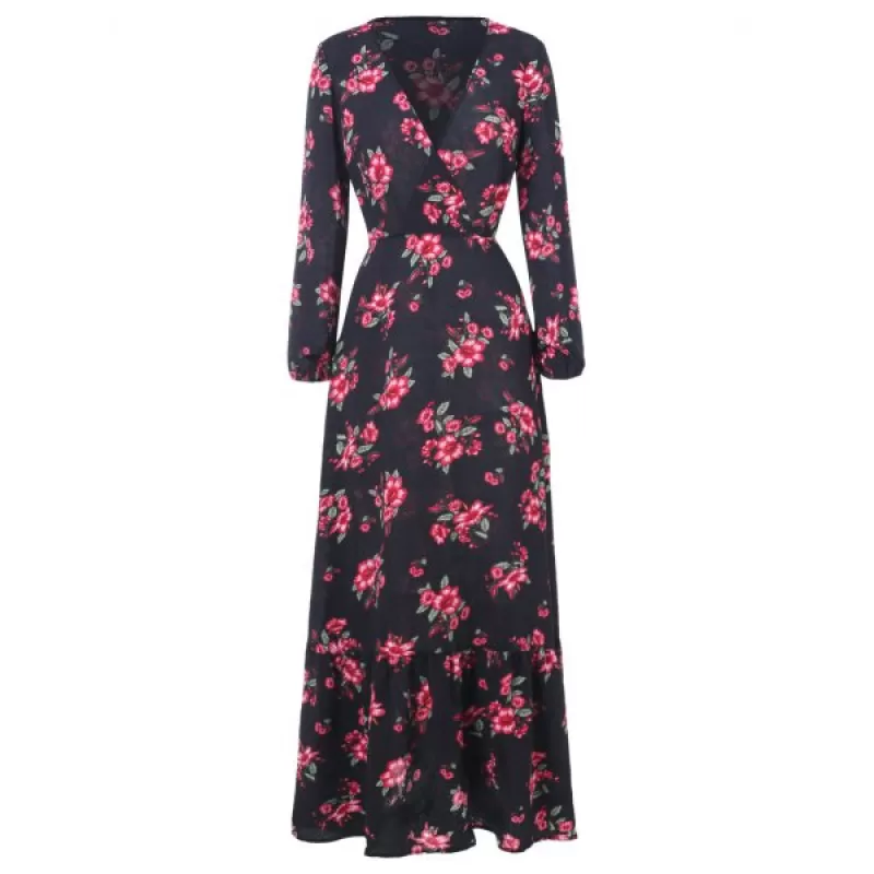 Floral Print High Waist Floor ength Dress - Black