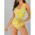 Floral Print Knotted Wire Free Swimsuit - Yellow