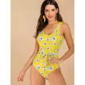 Floral Print Knotted Wire Free Swimsuit - Yellow