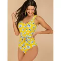 Floral Print Knotted Wire Free Swimsuit - Yellow