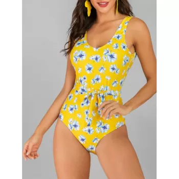 Floral Print Knotted Wire Free Swimsuit - Yellow