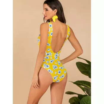 Floral Print Knotted Wire Free Swimsuit - Yellow