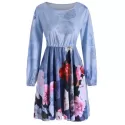 Floral Print Long leeves Mini Dress - Blue Gray