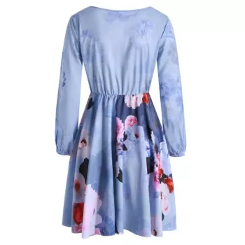 Floral Print Long leeves Mini Dress - Blue Gray