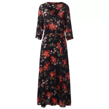 Floral Print axi Cocktail Dress - Black