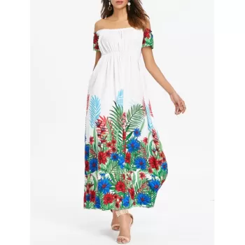 Floral Print Off Shoulder Dress - White
