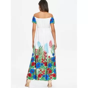 Floral Print Off Shoulder Dress - White