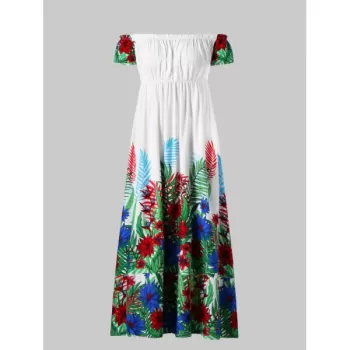 Floral Print Off Shoulder Dress - White