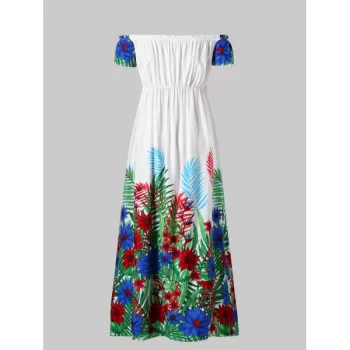 Floral Print Off Shoulder Dress - White