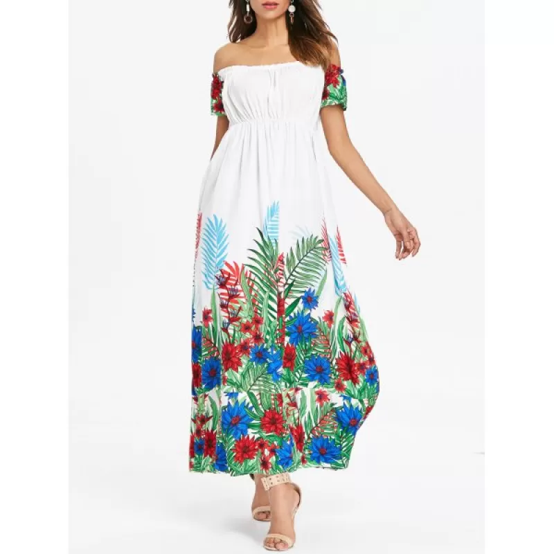 Floral Print Off Shoulder Dress - White
