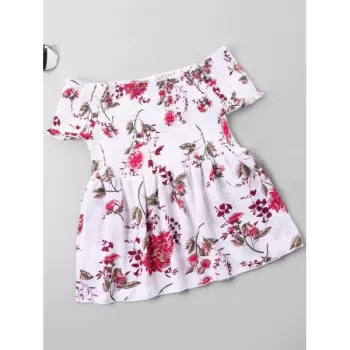 Floral Print hirred Bust Off houlder Blouse - White