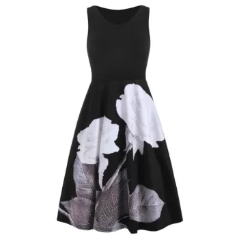 Floral Print leeveless coop Neck Dress - Black