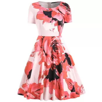 Floral Printed Flared Dress - Pig Pink