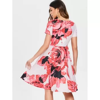 Floral Printed Flared Dress - Pig Pink