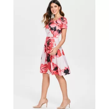 Floral Printed Flared Dress - Pig Pink