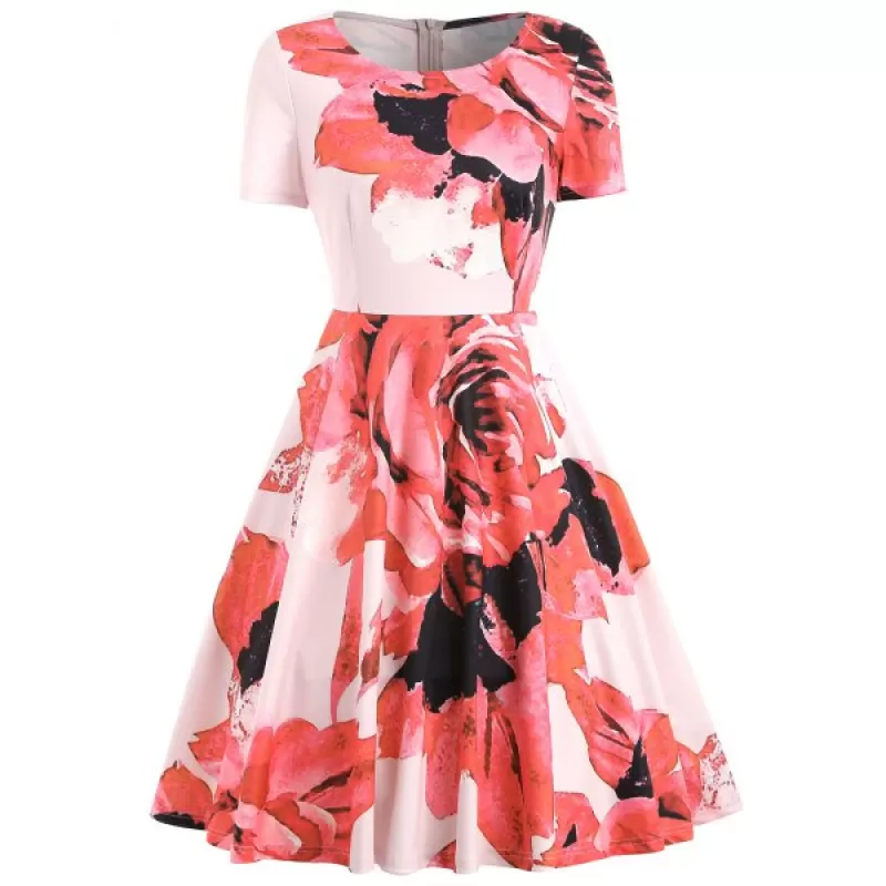 Floral Printed Flared Dress - Pig Pink