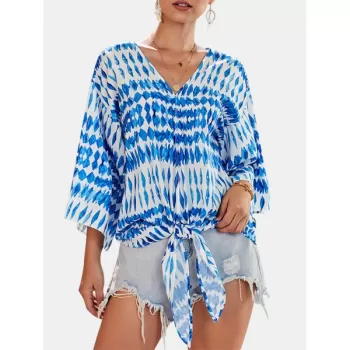 Floral Printed elf-tie Wide leeve Blouse - Ocean Blue