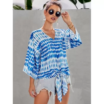 Floral Printed elf-tie Wide leeve Blouse - Ocean Blue