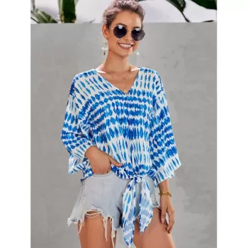 Floral Printed elf-tie Wide leeve Blouse - Ocean Blue