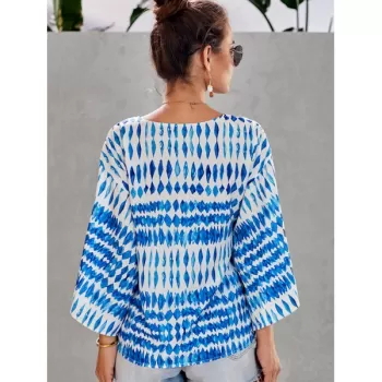 Floral Printed elf-tie Wide leeve Blouse - Ocean Blue