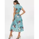 Floral hirt Collar Belted Dress - Macaw Blue Green