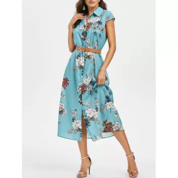 Floral hirt Collar Belted Dress - Macaw Blue Green