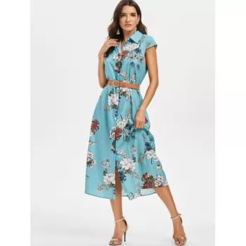 Floral hirt Collar Belted Dress - Macaw Blue Green