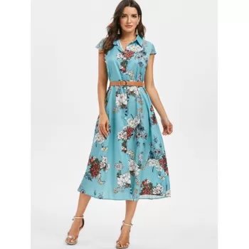 Floral hirt Collar Belted Dress - Macaw Blue Green