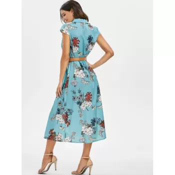 Floral hirt Collar Belted Dress - Macaw Blue Green