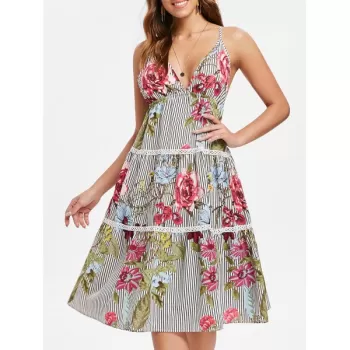 Floral triped Tiered lip Dress -