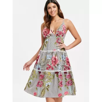 Floral triped Tiered lip Dress -