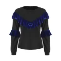 Flounces Velvet Panels Crew Neck Sweatshirt - Black