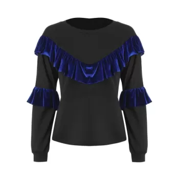 Flounces Velvet Panels Crew Neck Sweatshirt - Black