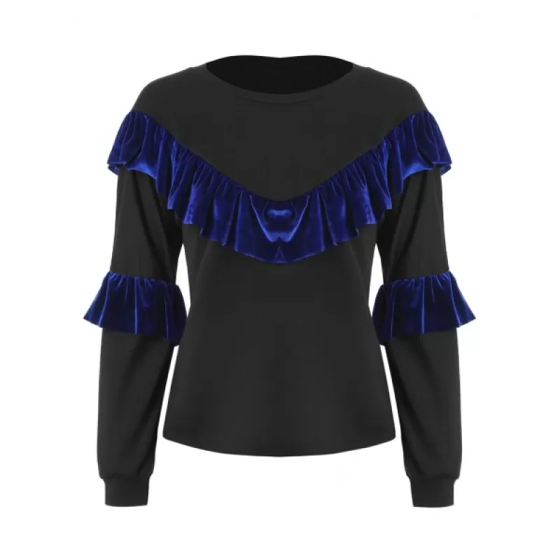 Flounces Velvet Panels Crew Neck Sweatshirt - Black