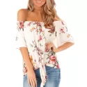 Flower Off houlder Tie Hem T-shirt - White