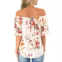 Flower Off houlder Tie Hem T-shirt - White